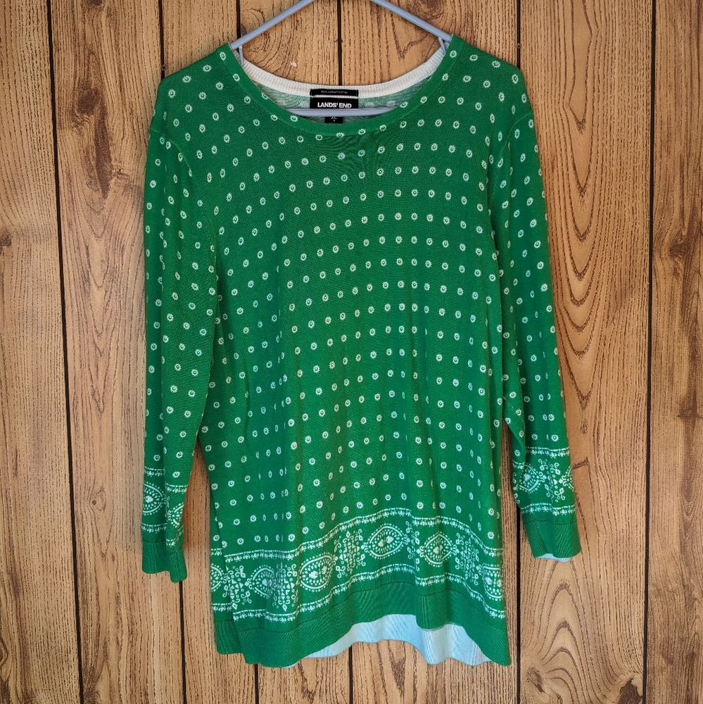 Land's End floral kelly green cotton sweater